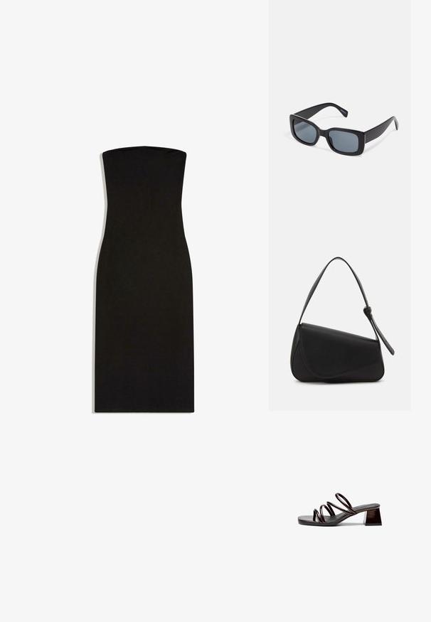 Robe noire sans bretelles longueur genou avec silhouette ajustée et tissu lisse et uni, étalée à plat sur fond blanc.; Sandale à talons ouverts en vernis bordeaux foncé, dotée de trois fines lanières et d'un talon carré. Surface lisse, design minimal.; Lunettes de soleil rectangulaires noires avec des verres teintés foncés, monture en plastique épaisse et branches larges. Surface lisse et design angulaire.; Sac à main en cuir noir de forme triangulaire, avec un rabat incliné et une poignée supérieure arrondie. Il présente une texture lisse et des détails de design minimalistes.
