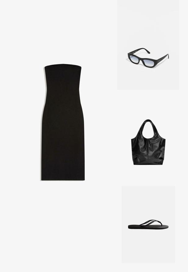 Robe noire sans bretelles longueur genou avec silhouette ajustée et tissu lisse et uni, étalée à plat sur fond blanc.; Sandale tong en caoutchouc noir avec semelle texturée et fines brides en Y sur un fond blanc uni.; Lunettes de soleil noires avec une monture épaisse, de forme rectangulaire et des verres dégradés. Porte le nom de la marque "vogue" sur la branche.; Sac fourre-tout en cuir noir avec une texture lisse, un haut arrondi doux et de larges poignées. Présente une couture minimale et une silhouette décontractée.