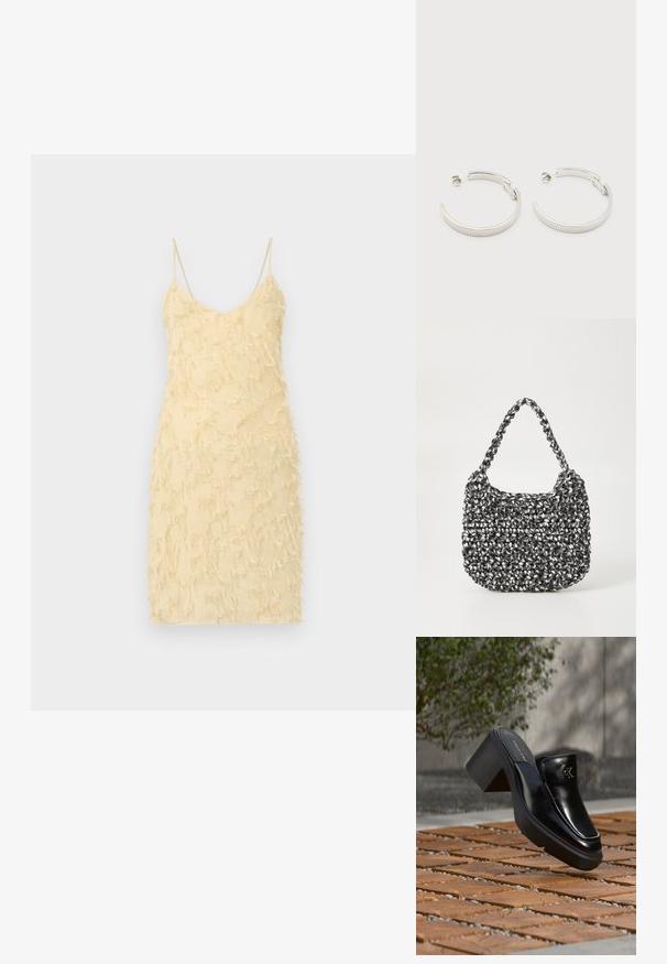 Vestido amarillo sin mangas con una silueta ajustada. Presenta una superficie texturizada con detalles de borlas en todo su recorrido. Tirantes de espagueti y escote en V.; Mule tipo slip-on de cuero negro de Calvin Klein con tacón de bloque descansando sobre baldosas de madera al aire libre cerca de una planta verde y una pared gris.; Bolso de mano tejido en blanco y negro con forma redondeada, superficie texturizada y asa trenzada. Adecuado para uso casual.; Pendientes de aro semicírculo en tono plateado con textura acanalada y cierre de presión sobre fondo blanco.