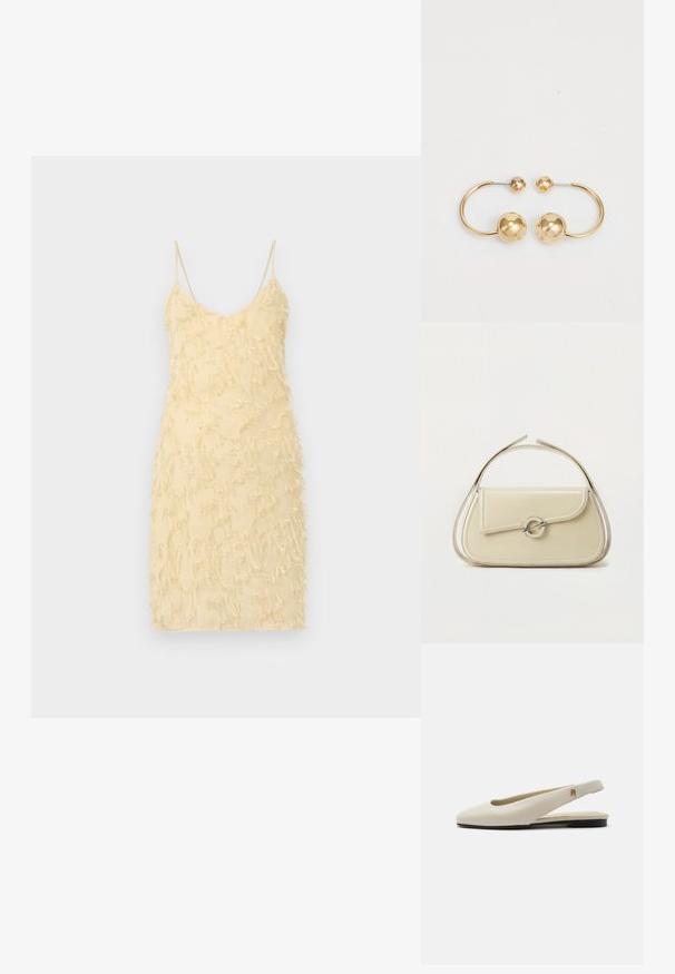 Vestido amarillo sin mangas con una silueta ajustada. Presenta una superficie texturizada con detalles de borlas en todo su recorrido. Tirantes de espagueti y escote en V.; Zapato plano slingback de cuero color crema con puntera redondeada y pequeño emblema dorado en la correa.; Bolso de mano de cuero beige con solapa curva, cierre circular plateado y asa corta superior sobre un fondo blanco liso.; Pendientes de metal en tono dorado con un diseño circular que presenta dos esferas, una más grande y texturizada, y una bola pulida más pequeña en la parte superior.