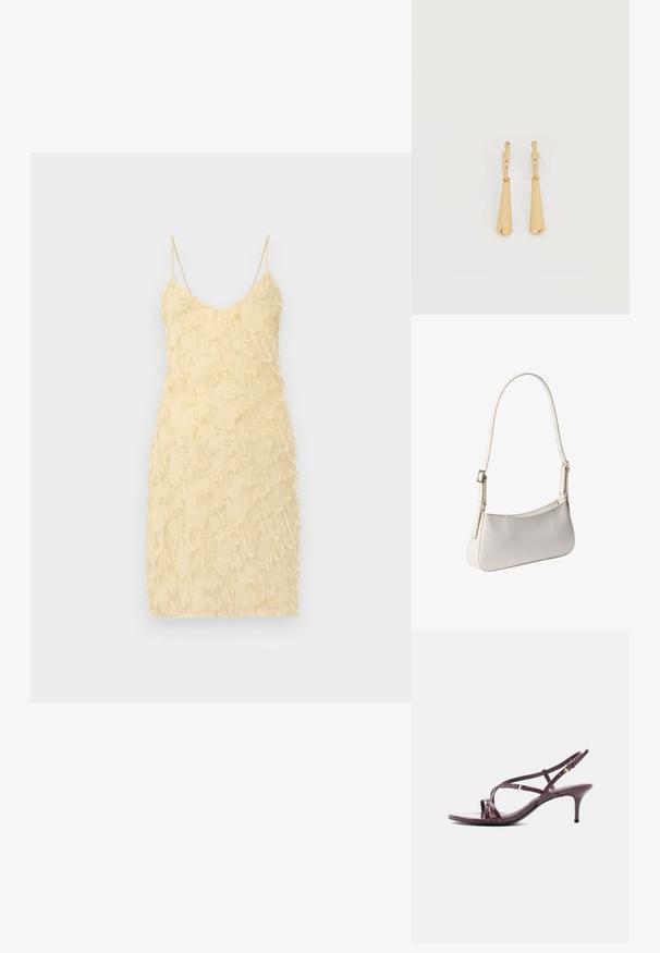 Robe sans manches jaune avec une silhouette ajustée. Dotée d'une surface texturée avec des détails frangés sur l'ensemble. Bretelles spaghetti et décolleté en V.; Sandales à talons à brides en cuir verni bordeaux profond, dotées d'un talon fin, d'un bout ouvert et d'un design croisé avec boucle ajustable.; Sac à épaule blanc avec bandoulière réglable et motif texturé subtil, forme rectangulaire aux bords arrondis, boucle argentée sur la bandoulière.; Boucles d'oreilles pendantes en ton or avec des pendentifs lisses en forme de goutte allongée suspendus à de petites attaches en forme d'anneau sur un fond blanc.