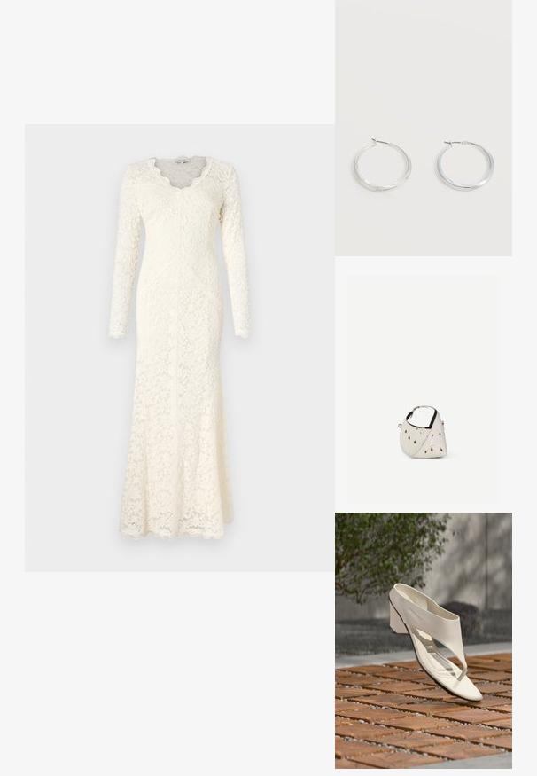 Langärmliges, elfenbeinfarbenes Spitzenkleid mit einem gewellten V-Ausschnitt, floralem Muster und einer taillierten Silhouette, die sich am Saum verbreitert.; Weißer Ledersandalette mit hohem Absatz, breitem Riemen und Zehensteg, im Freien auf einer Holz- und Kiesfliesenfläche mit Grün im Hintergrund gezeigt.; Kleine weiße Handtasche mit braunen Flecken, abgerundete dreieckige Form, schwarze Innenfutter und kurzer verstellbarer Riemen mit silberner Schnalle.; Silberne Metallcreolen mit glatter, leicht gebogener Oberfläche und Klappverschluss vor schlicht weißem Hintergrund.