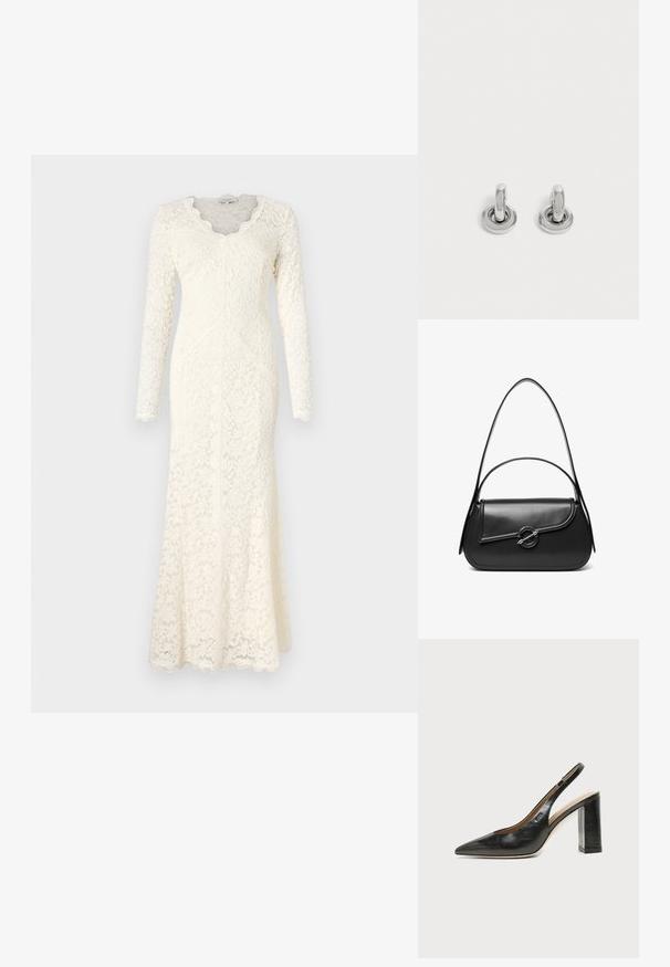 Langærmet, elfenbensfarvet blondekjole med en scalloperet V-halsudskærning, blomstermønster og en tætsiddende silhuet, der udvider sig ved sømmen.; Sort læder peep-toe slingback sko med høj blokhæl og beige indvendig foring mod en ensfarvet lys baggrund.; Sort skuldertaske i læder med en buet klap, der er fastgjort med en rund metal spænde, og en slank, justerbar rem.; Par små, skinnende sølv hoops med rund base, vist på en ensfarvet lys baggrund.