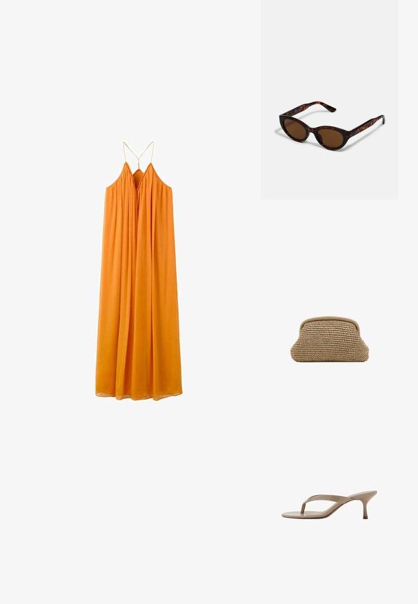 Robe maxi orange sans manches avec fines bretelles spaghetti et un profond décolleté en V, dotée d'une coupe ample et fluide.; Sandale beige en cuir verni avec un talon kitten pointu et une semelle fine, vue de côté sur fond blanc.; Lunettes de soleil en écaille de tortue marron avec une forme vintage de lunettes cat-eye et des verres marron. Présente des branches courbées avec des accents rouges.; Pochette tissée beige avec un bord supérieur arrondi et un extérieur doux et texturé, présentée sur un fond blanc.
