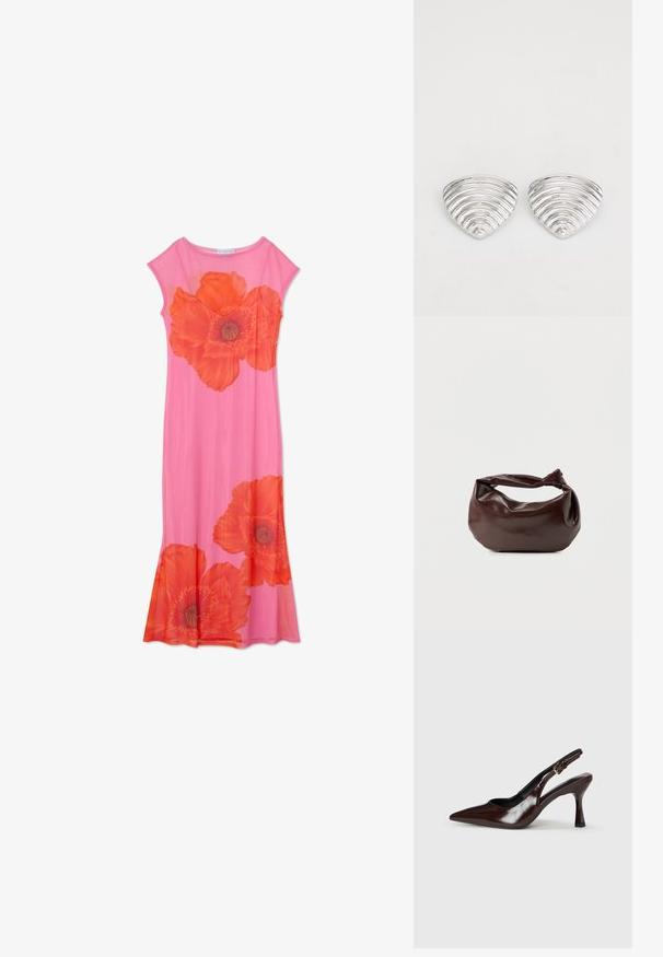 Rosa Blumenkleid mit großen orangen Mohnblumenmotiven, kurzen Ärmeln und einem fließenden Design. Hergestellt aus leichtem Stoff mit glatter Textur.; Braune lackleder Slingback-Absätze mit spitzem Zehen, einem dünnen Absatz und einem verstellbaren Riemen mit einer kleinen Schnalle.; Dunkelbraune Lederschultertasche mit weicher, lockerer Form und einem gedrehten Knotengriff vor schlichtem weißem Hintergrund.; Ohrringe in Silberoptik mit einem wellenförmigen, strukturierten Design, das wie überlappende Halbmonden geformt ist; die polierte Oberfläche verstärkt die reflektierenden Eigenschaften.
