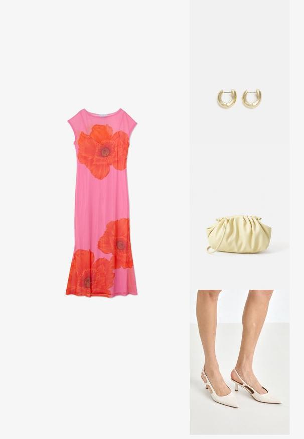 Roze bloemenjurk met grote oranje papaverprints, kapmouwen en een vloeiende vorm. Gemaakt van lichtgewicht stof met een soepele textuur.; Beige gepatineerde leren slingback hakken met een spitze neus en een hak van 5 cm, met uitsparingen aan de zijkanten en een dunne enkelband.; Geel geplooide handtas van soepel nepleer, met een zachte vorm, een enkele schouderriem en een verzameld ontwerp aan de bovenkant.; Gouden hoepeloorbellen met een gladde, gepolijste afwerking. Beschikken over een halve cirkelvorm en een veilige postsluiting.