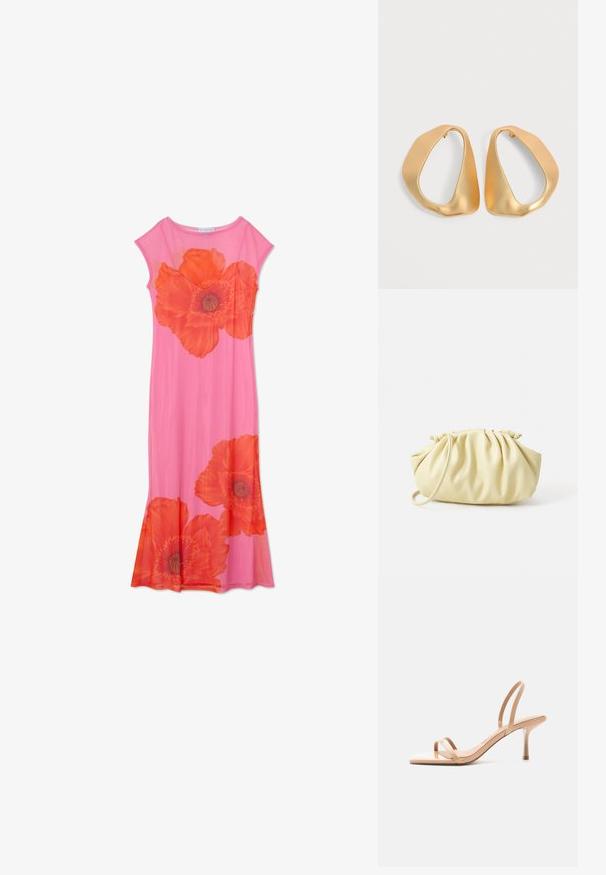 Rosa Blumenkleid mit großen orangen Mohnblumenmotiven, kurzen Ärmeln und einem fließenden Design. Hergestellt aus leichtem Stoff mit glatter Textur.; Beige hochhackige Sandale mit dünnen Riemen über den Zehen und um die Ferse, mit quadratischer Spitze und schmalem Stilettoabsatz vor weißem Hintergrund.; Gelbe, gefaltete Handtasche aus glattem Kunstleder mit weicher Form, einzigem Schulterriemen und gerafftem Oberteil.; Paar unregelmäßiger, asymmetrischer goldener Creolen mit glatter, matter Oberfläche vor neutralem Hintergrund.