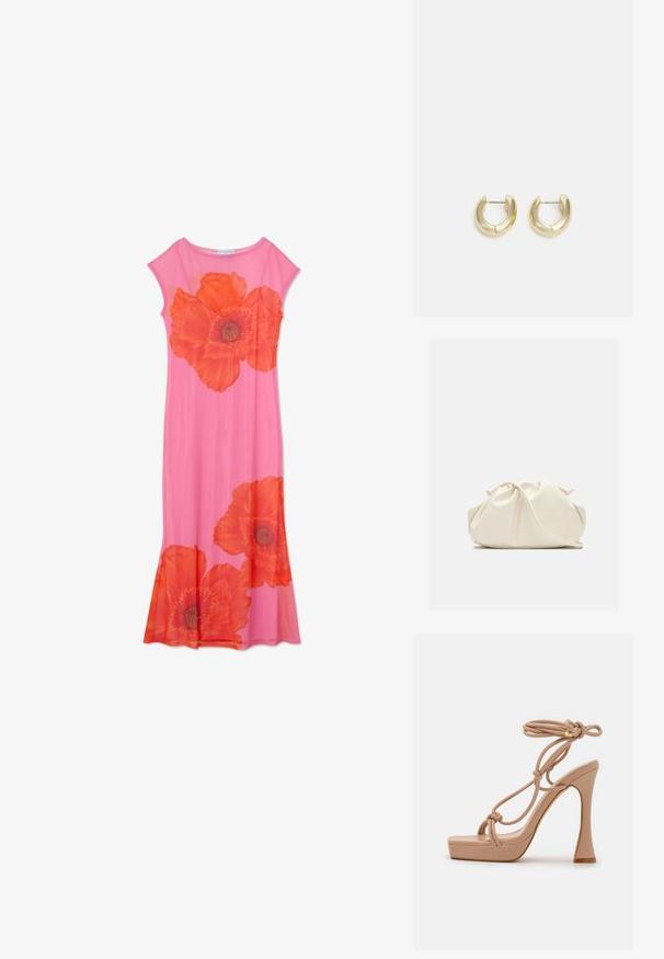 Rosa Blumenkleid mit großen orangen Mohnblumenmotiven, kurzen Ärmeln und einem fließenden Design. Hergestellt aus leichtem Stoff mit glatter Textur.; Glamorous High Heel Sandalette - nude; Weiche, cremefarbene Leder-Clutch mit gerafftem Design und einem dünnen Schulterriemen, der vorne auf einem schlichten Hintergrund liegt.; Goldfarbene Creolen mit einer glatten, polierten Oberfläche. Sie haben eine halbkreisförmige Form und einen sicheren Stiftverschluss.