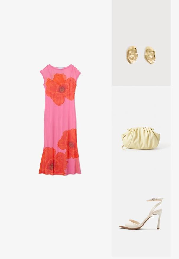 Rosa Blumenkleid mit großen orangen Mohnblumenmotiven, kurzen Ärmeln und einem fließenden Design. Hergestellt aus leichtem Stoff mit glatter Textur.; Beige High-Heel-Sandale mit dünnem Knöchelriemen und goldener Schnalle, offenem Zehenbereich und schlankem Stiletto-Absatz auf weißem Hintergrund.; Gelbe, gefaltete Handtasche aus glattem Kunstleder mit weicher Form, einzigem Schulterriemen und gerafftem Oberteil.; Paar glänzende, unregelmäßig geformte Ohrstecker aus Goldmetall mit zerknitterter, glatter Oberfläche auf schlichtem hellem Hintergrund.