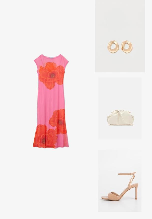 Rosa Blumenkleid mit großen orangen Mohnblumenmotiven, kurzen Ärmeln und einem fließenden Design. Hergestellt aus leichtem Stoff mit glatter Textur.; Nude Patentleder High-Heel Sandale, offene Zehenpartie, verstellbarer Knöchelriemen mit goldener Schnalle, schlanker Stiletto-Absatz, glatte Oberfläche.; Weiche, cremefarbene Leder-Clutch mit gerafftem Design und einem dünnen Schulterriemen, der vorne auf einem schlichten Hintergrund liegt.; Paar unregelmäßig geformter, polierter Creolen aus goldfarbenem Metall mit offenem Zentrum auf weißem Hintergrund.