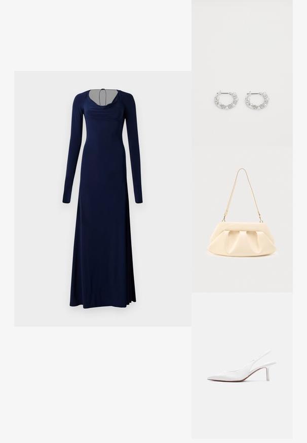Robe longue bleu marine en tissu doux. Elle présente un décolleté drapé, des manches longues et un corsage ajusté qui s'évase à l'ourlet.; Chaussure pour femme en cuir blanc avec bride arrière, bout pointu, petit talon kitten bas et petit nœud décoratif sur le dessus, vue de profil latéral.; Sac à main en cuir couleur crème avec des plis froncés, des ferrures dorées, et une seule bandoulière fine sur un fond uni.; Boucles d'oreilles en argent en forme de créoles avec des accents de perles et de cristaux, présentant une surface texturée et une fermeture à tige sécurisée.