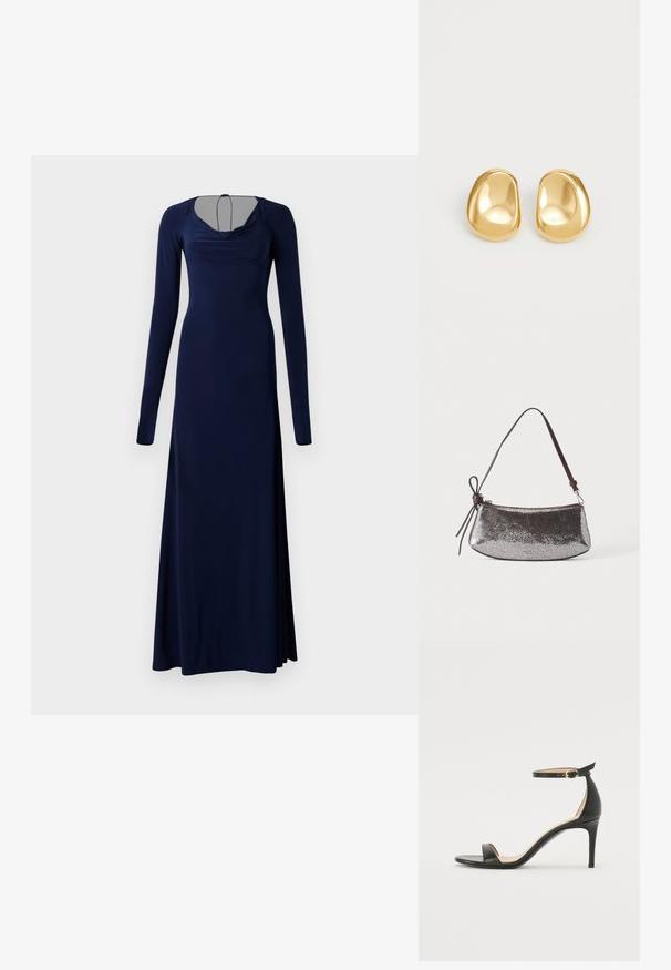 Robe longue bleu marine en tissu doux. Elle présente un décolleté drapé, des manches longues et un corsage ajusté qui s'évase à l'ourlet.; Sandale à talons hauts en cuir noir avec une lanière de cheville. Présente une texture lisse, un bout ouvert et un talon fin. Détail de boucle en ton doré.; Petit sac à main argenté métallique avec une surface texturée, une courte sangle marron foncé et un nœud décoratif noué d'un côté.; Boucles d'oreilles en forme de clou de couleur or, avec une forme lisse et arrondie et une surface réfléchissante, mettant en avant un design minimaliste sans motifs visibles.