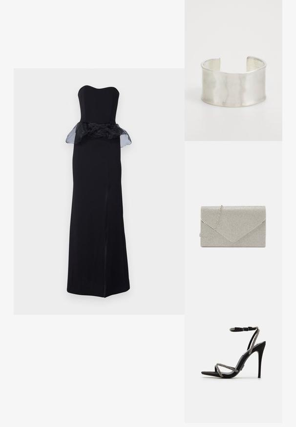 Μαύρο strapless βραδινό φόρεμα με εφαρμοστή σιλουέτα, φαρδιά διάφανη λεπτομέρεια στη μέση και σκίσιμο μέχρι τον μηρό στο πλάι. Λείος υφασμάτινος ιστός.; Μαύρη ψηλή σαγιονάρα με λεπτές, διακοσμημένες λωρίδες και κούμπωμα στον αστράγαλο. Σουέτ ύφασμα, ανοιχτή μύτη και κομψή, μυτερή σιλουέτα.; Μεταλλική ασημένια τσάντα φάκελος, διακοσμημένη με υφή, με αποσπώμενο αλυσίδα. ; Zign Βραχιόλι - silver-coloured