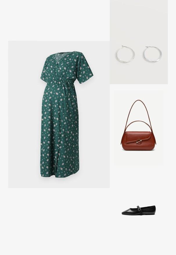 Vestido floral verde con escote en V, mangas cortas y cinturilla elástica. Presenta una silueta larga y fluida con pequeños patrones de flores.; Zapato plano negro de cuero con punta afilada, correa ajustable con hebilla de metal, textura suave y diseño minimalista.; Bolso de hombro de cuero marrón con forma rectangular redondeada, solapa asimétrica, cierre circular plateado y dos correas delgadas.; Pendientes de aro de metal plateado con superficie lisa y ligeramente curvada y cierre de tipo mosquetón sobre un fondo blanco liso.