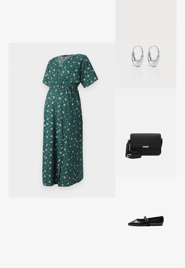 Vestido floral verde con escote en V, mangas cortas y cinturilla elástica. Presenta una silueta larga y fluida con pequeños patrones de flores.; Zapato plano negro de cuero con punta afilada, correa ajustable con hebilla de metal, textura suave y diseño minimalista.; Bolso cruzado de cuero negro con cierre de solapa, acentos en dorado, correa ajustable y superficie texturizada. Forma rectangular compacta.; Pendientes de aro de plata con forma curva de lágrima y acabado pulido. Presentan un cierre seguro y una textura suave.