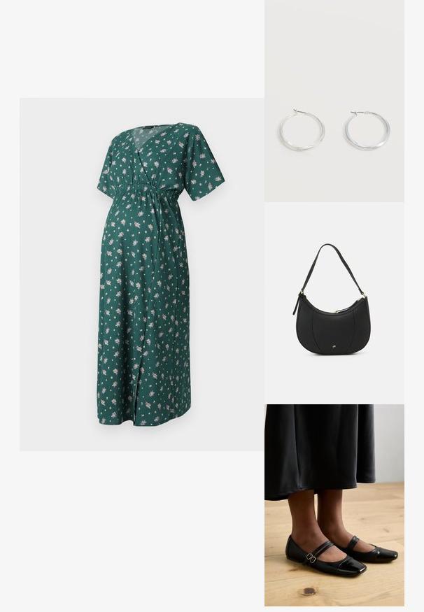 Groene bloemenjurk met een V-halslijn, kortere mouwen en een elastische tailleband. Heeft een lange, vloeiende silhouette met kleine bloemenpatronen.; Zwarte gepatineerde leren ballerina's met een vierkante neus, voorzien van twee banden met gespen. De zolen zijn plat op een lichte houten vloer.; Zwarte leren handtas met een gebogen vorm, textuuroppervlak, voornaden en een logo in goudkleur. Beschikt over een enkele verstelbare schouderband.; Zilverkleurige metalen creolen oorbellen met een glad, licht gebogen oppervlak en sluitingen met haaksluiting op een effen witte achtergrond.