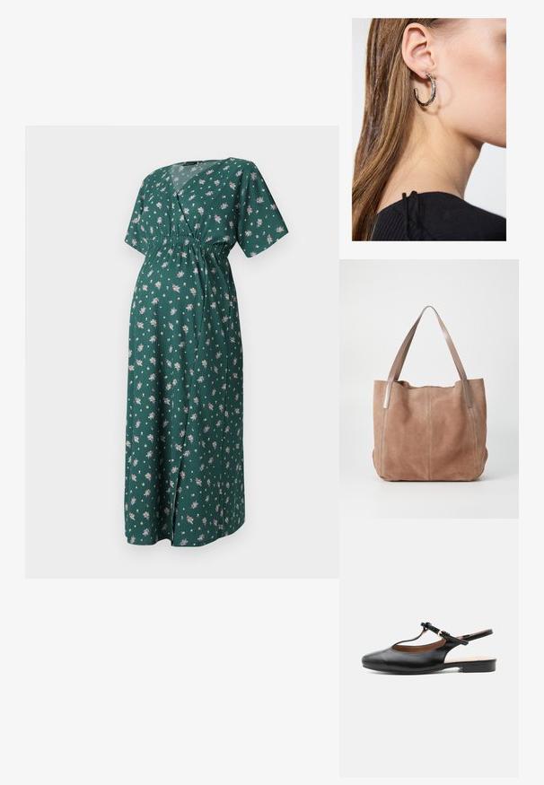 Grøn blomsterkjole med V-udskæring, korte ærmer og elastisk talje. Har en lang, svævende silhuet med små blomstermønstre.; Sort læder flad slingback-sko med T-rem og guldlås på neutral baggrund.; Anna Field LEATHER - Shopping bags - taupe; Sølv hoop ørestik med en poleret overflade, prydet med små guld accenter og en rund form, båret på øreflippen.