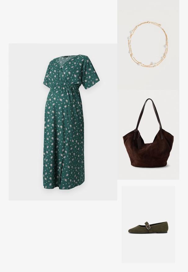 Groene bloemenjurk met een V-halslijn, kortere mouwen en een elastische tailleband. Heeft een lange, vloeiende silhouette met kleine bloemenpatronen.; Olijfgroene suède Mary Jane platte schoen met zilveren gespsluiting en afgeronde neus, getoond op een witte achtergrond.; Bruine suède handtas met een zachte, slungelige vorm. Voorzien van leren handvatten en een tagaccent. Eenvoudige textuur met gebogen naden.; Delicate dubbel gelaagde gouden ketting met gelijkmatig verdeelde kleine witte pareltjes op een eenvoudige lichte achtergrond.