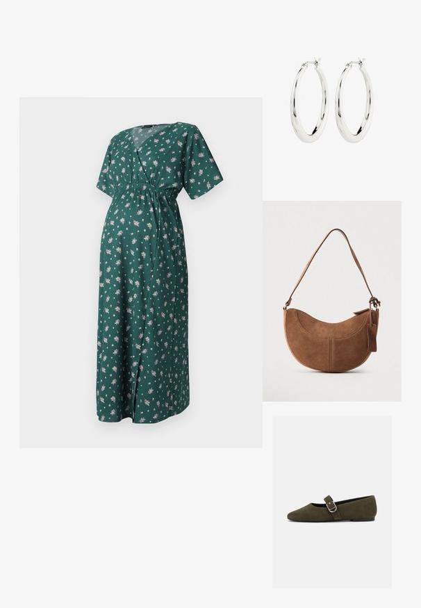 Vestido floral verde con escote en V, mangas cortas y cinturilla elástica. Presenta una silueta larga y fluida con pequeños patrones de flores.; Zapato plano Mary Jane de ante verde oliva con hebilla de plata y punta redondeada, mostrado sobre un fondo blanco.; Bolso de ante marrón con forma curva de media luna. Cuenta con una correa para el hombro, una pequeña etiqueta y costuras visibles a lo largo de los bordes.; Pendientes de aro de plata con un acabado suave y brillante. Forma circular, con un cierre seguro. Diseño sencillo y elegante.