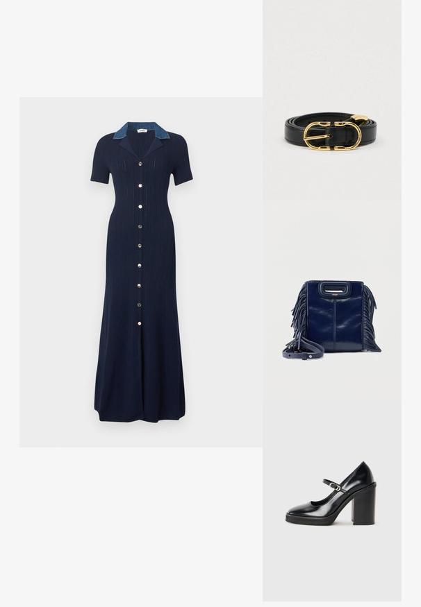 Robe midi côtelée bleu marine avec manches courtes, boutons argentés à l'avant et col en denim bleu clair contrastant.; Chaussure à talon haut en cuir verni noir avec un bout rond, une sangle de cheville, un détail de boucle en argent et un talon bloc épais.; Sac en similicuir bleu marine avec détails en franges, forme structurée, poignée supérieure et sangle ajustable. Finition brillante avec accents de quincaillerie dorée.; Ceinture en cuir noir avec une boucle dorée arrondie, présentant plusieurs trous pour l'ajustement et une texture lisse.