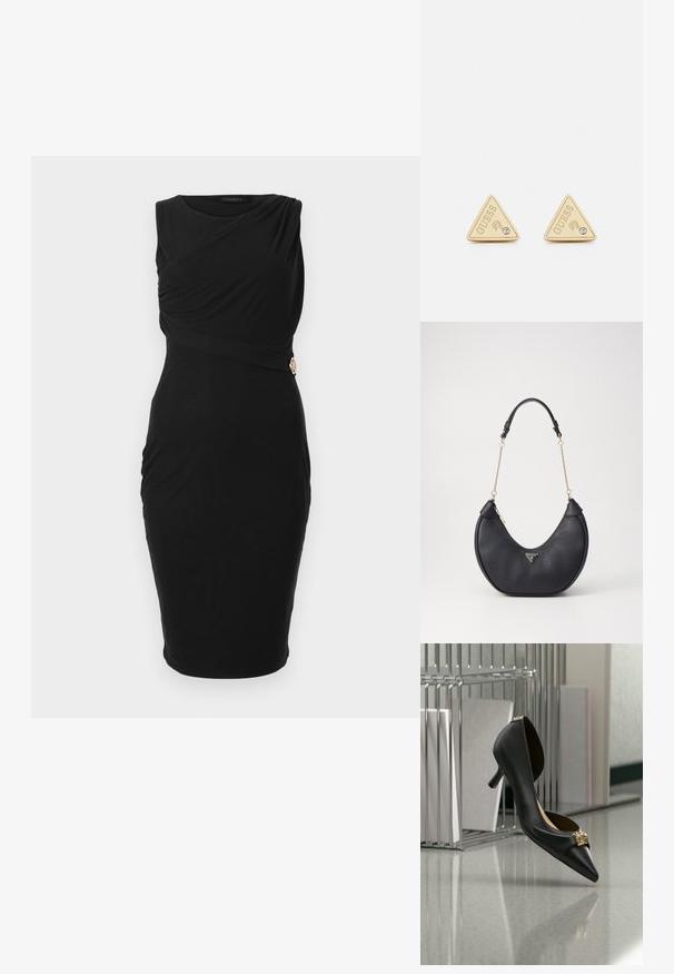 Vestido negro sin mangas con un diseño drapeado y una costura lateral fruncida, acentuado por un detalle de hardware en tono dorado.; Zapato negro de tacón bajo kitten con punta puntiaguda y un emblema dorado en la puntera, mostrado en el aire frente a una superficie reflectante y un fondo de estantería metálica.; Bolso de hombro de cuero negro con forma curvada, acentuado con una cadena dorada y una placa con el logotipo. Presenta un cierre con cremallera y una superficie texturizada.; Guess PARTY - Pendientes - gold-coloured