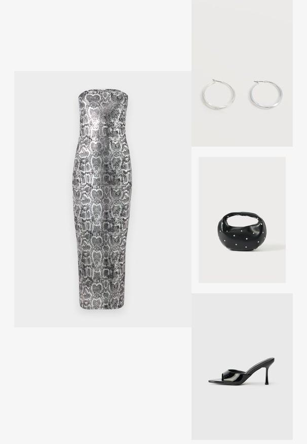 Vestido midi sin tirantes con estampado de serpiente, que presenta una silueta ajustada, textura suave y tonos metálicos en plata y negro.; Mules de charol negro con punta abierta, una tira estrecha y tacón stilettos. Textura suave y diseño minimalista con suela plana.; Bolso de mano de cuero negro con forma redondeada, decorado con detalles de tachuelas plateadas y un asa corta. Textura lisa y cierre con cremallera.; Pendientes de aro de metal plateado con superficie lisa y ligeramente curvada y cierre de tipo mosquetón sobre un fondo blanco liso.
