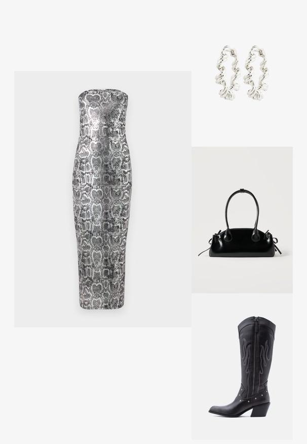 Vestido midi sin tirantes con estampado de serpiente, que presenta una silueta ajustada, textura suave y tonos metálicos en plata y negro.; Botas vaqueras de cuero negro con puntera puntiaguda, costuras visibles, detalles de tachuelas plateadas y cierre de cremallera en el lado interior.; Pequeño bolso negro brillante con dos asas largas y detalles de cordón lateral sobre un fondo claro liso.; Pendientes de aro de plata retorcida con un acabado liso y reflectante y un cierre seguro. El diseño presenta un patrón en espiral para un detalle adicional.