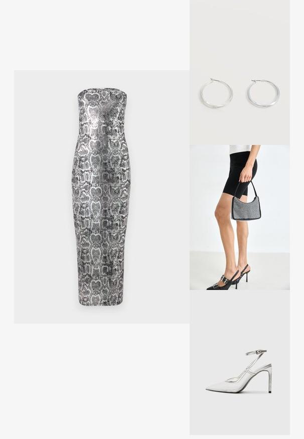 Trägerloses Midikleid im Schlangenprint mit figurbetonter Silhouette, glattem Material und metallischen Farbtönen in Silber und Schwarz.; Klarer Stiletto-Absatzschuh mit spitzer Zehe, transparentem Material, metallisch silbernen Akzenten und verstellbarem Knöchelriemen.; Schwarze Perlen-Handtasche mit geschwungener Silhouette, Tragegriff und glänzender Textur. Kombiniert mit schwarzen High Heels und enganliegenden schwarzen Shorts.; Silberne Metallcreolen mit glatter, leicht gebogener Oberfläche und Klappverschluss vor schlicht weißem Hintergrund.