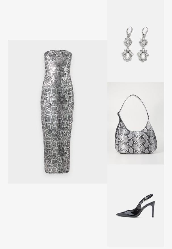 Kameeta ilma õlgadeta midi kleit, millel on madu mustriga, pehme tekstuur ja metallilised hõbedased ning mustad toonid.; Mustad läikiva lakknahaga slingback-stiilis kõrged kontsad, terava varbaga, elegantse disainiga, 10 cm kõrge kontsaga ja dekoratiivse pandlaga detailiga.; Mustvalge madude mustriga õlakott, ümar kuju, sile tekstuur ja kõver rihm. Omab hõbedast aksessuaari.; Hõbedatoonilised kõrvarõngad, mis sisaldavad mitmeid läbipaistvaid kristalle tilgakuju ja marquise kujudes, koos lukustatavate riiulitega ja keeruka nikerdustega.
