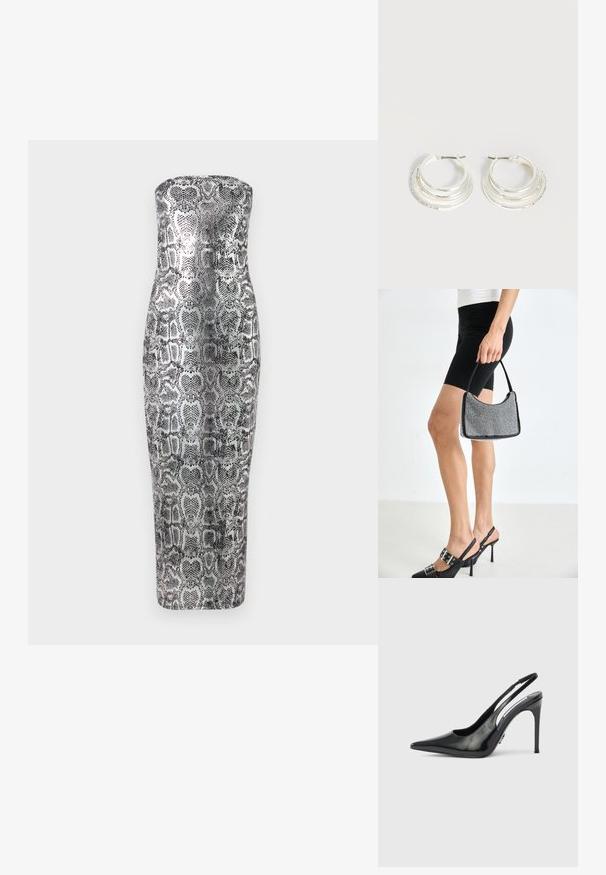 Strapless midi-kjole i slangeskindsprint, med en tætsiddende silhuet, glat tekstur og metalliske nuancer af sølv og sort.; Sort laklæder slingback højhælet pumpe med spids tå, udskårne sider og en spinkel hæl. Blank finish med minimale hardware-detaljer.; Sort perlehandtaske med en buet silhuet, bærehåndtag og blank overflade. Båret med højhælede sorte sko og tætsiddende sorte shorts.; Sølv hoop øreringe med tre lagdelte halvcirkelformede bånd, hvoraf det ene er udsmykket med små klare krystaller på en lys baggrund.