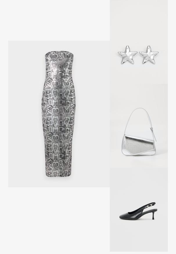Strapless midi-kjole i slangeskindsprint, med en tætsiddende silhuet, glat tekstur og metalliske nuancer af sølv og sort.; Sort læder slingback-sko med spids snude, lav, slank kittenhæl og justerbar spænde på en ensfarvet lys baggrund.; Sølvmetallic håndtaske med en trekantet form, glat overflade og en tynd, justerbar skulderrem. Har et fold-over design med syninger.; Sølvstjernede øreringe med en poleret, blank overflade. Hver ørering har fem spidser og subtile teksturdetaljer på overfladen.