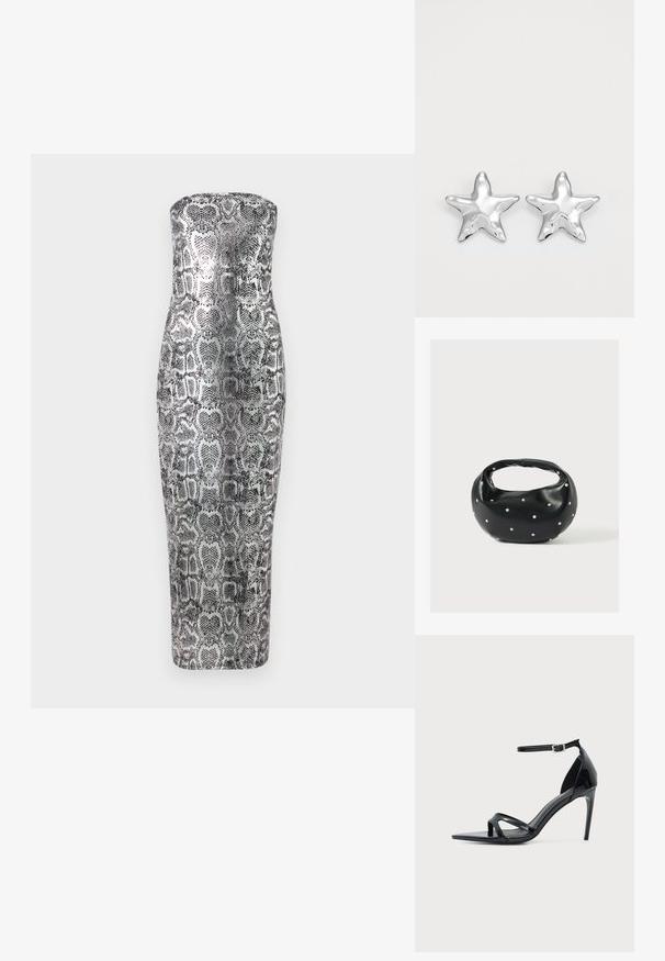 Trägerloses Midikleid im Schlangenprint mit figurbetonter Silhouette, glattem Material und metallischen Farbtönen in Silber und Schwarz.; Schwarze Sandale aus Lackleder mit hohem Absatz, dünnem Knöchelriemen, offenem Zehenbereich und minimalistischem Design auf hellem, einfarbigem Hintergrund.; Schwarze Lederhandtasche mit abgerundeter Form, verziert mit silbernen Nietenakzenten und kurzem Griff. Glatte Struktur und Reißverschlussverschluss.; Silberne sternförmige Ohrringe mit einer polierten, glänzenden Oberfläche. Jeder Ohrring hat fünf Spitzen und dezente Oberflächentexturdetails.