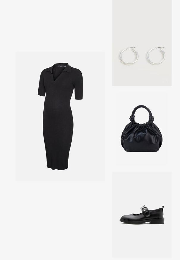 Robe de maternité en maille côtelée noire avec manches courtes et col, avec un col en V et un ourlet à hauteur du genou.; Chaussure Mary Jane en cuir noir avec une semelle épaisse, un bout arrondi, une bride à boucle argentée et un languette à l’arrière.; Sac à main en cuir noir souple avec le dessus froncé et deux grosses poignées nouées sur un fond uni clair.; Paire de boucles d'oreilles créoles moyennes argentées brillantes avec de fines attaches métalliques sur un fond clair et neutre.