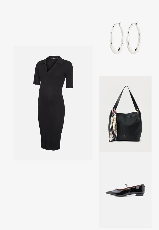 Schwarzes geripptes Strick-Umstandskleid mit kurzen Ärmeln und Kragen, mit V-Ausschnitt und knielangem Saum.; Schwarze Lackleder-Mary-Jane-Ballerinas mit spitz zulaufender Zehenpartie und kleinem Absatz, ausgestattet mit einem verstellbaren Riemen mit goldfarbener Schnalle.; Schwarze Handtasche aus strukturiertem Leder mit breitem Riemen und angehängtem floralen Seidenschal, goldenen Ösen und kleinem goldfarbenen "Anna Field"-Logo, mittig darunter platziert.; Silberne Creolen mit einer glatten, glänzenden Oberfläche. Kreisform, ausgestattet mit einem sicheren Verschluss. Einfaches und elegantes Design.