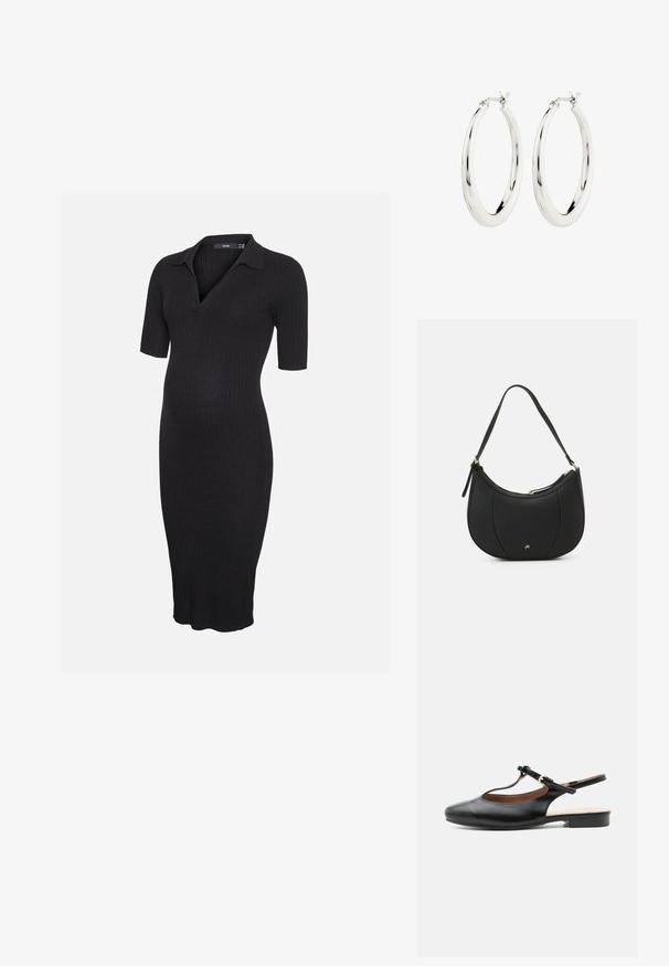 Schwarzes geripptes Strick-Umstandskleid mit kurzen Ärmeln und Kragen, mit V-Ausschnitt und knielangem Saum.; Schwarzer flacher Lederslingback-Schuh mit T-Riemen und goldener Schnalle auf neutralem Hintergrund.; Schwarze Lederhandtasche mit geschwungenem Design, strukturiertem Material, vorderen Nähten und einem Logo in Goldtönen. Verfügt über einen einzelnen verstellbaren Tragegurt.; Silberne Creolen mit einer glatten, glänzenden Oberfläche. Kreisform, ausgestattet mit einem sicheren Verschluss. Einfaches und elegantes Design.