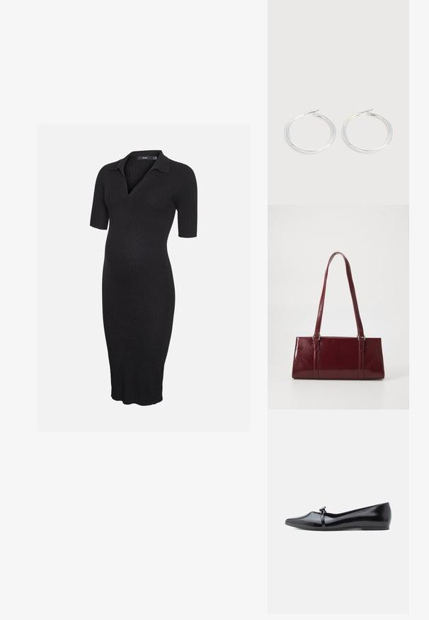Robe de maternité en maille côtelée noire avec manches courtes et col, avec un col en V et un ourlet à hauteur du genou.; Ballerine en cuir verni noir avec bout pointu, bride décorative et texture lisse. Design minimaliste sans accents visibles.; Sac à main bordeaux en matériau brillant, de forme rectangulaire, avec deux anses et des accents légèrement courbés à l'avant.; Paire de boucles d'oreilles créoles argentées brillantes avec fermoirs en fil fin, présentée sur un fond gris clair.
