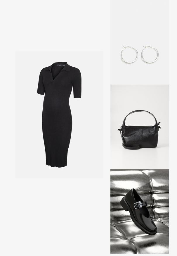 Robe de maternité en maille côtelée noire avec manches courtes et col, avec un col en V et un ourlet à hauteur du genou.; Chaussure Mary Jane en cuir noir avec un bout carré, un accent de boucle en argent et un talon bas épais, sur un fond argenté brillant.; Sac à main en cuir noir au design structuré, avec une poignée arrondie et une bandoulière amovible. Présente une texture lisse et un éclat subtil.; Les boucles d'oreilles en argent en forme de créole présentent un design lisse et arrondi avec un profil fin et un fermoir sécurisé. Style minimaliste avec une finition polie.