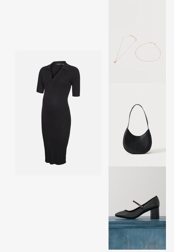 Robe de maternité en maille côtelée noire avec manches courtes et col, avec un col en V et un ourlet à hauteur du genou.; Chaussure Mary Jane noire avec talon carré et sangle à boucle dorée, flottant au-dessus d'un sol en béton lisse dans un cadre intérieur minimaliste.; Sac à épaule en cuir noir en forme de croissant avec une bandoulière unique et un nom de marque discrètement embossé sur un fond clair uni.; Deux délicates chaînes en or posées sur une surface blanche ; l'une avec un pendentif rond en nacre, l'autre étant un simple bracelet en chaîne.