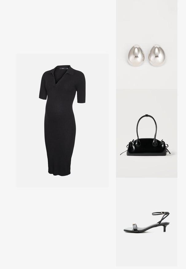 Robe de maternité en maille côtelée noire avec manches courtes et col, avec un col en V et un ourlet à hauteur du genou.; Sandale noire en cuir à bout ouvert avec petit talon kitten, fine bride de cheville avec boucle dorée et accent décoratif doré sur la bride avant.; Petit sac à main noir brillant avec deux longues anses et des détails à cordon sur les côtés sur un fond clair uni.; Boucles d'oreilles en métal argenté avec un design lisse et arrondi ressemblant à la forme d'une goutte d'eau, présentant une surface réfléchissante et une finition sans couture.