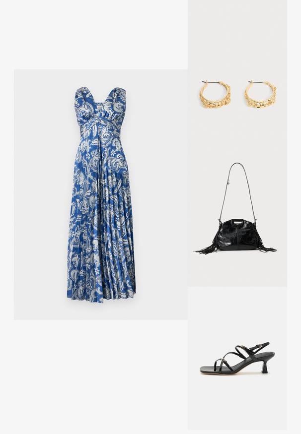 Sleeveless blue maxi dress with white floral paisley pattern, V-neckline, fitted bust, and pleated flowing skirt.; Black patent leather strappy sandals with a square toe and a low, block heel. Features gold-tone hardware and adjustable ankle straps.; Black shiny leather handbag with a long thin shoulder strap and fringe tassels on both sides on a light background.; Pair of gold-tone hoop earrings with ornate floral and leaf embossing on a neutral background.