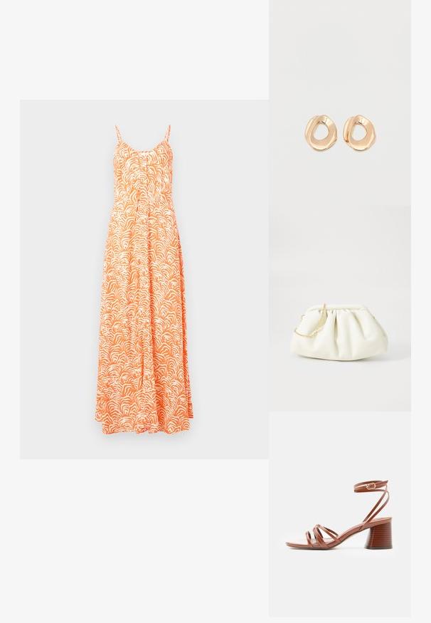 Vestido maxi en naranja con un patrón abstracto de olas blancas, con tirantes delgados ajustables, cierre de botones en la parte delantera y una silueta fluida.; Sandalia marrón con tiras, tacón cuadrado y hebilla de cierre en el tobillo, diseño minimalista, textura de cuero liso, vista lateral sobre fondo liso.; Bolso de mano de cuero blanco con un diseño recogido, cuenta con una cadena dorada y forma redondeada. Textura suave con pliegues suaves y sin patrones.; Par de pendientes de aro de metal en tono dorado pulido, de forma irregular y con centro abierto, sobre un fondo blanco liso.