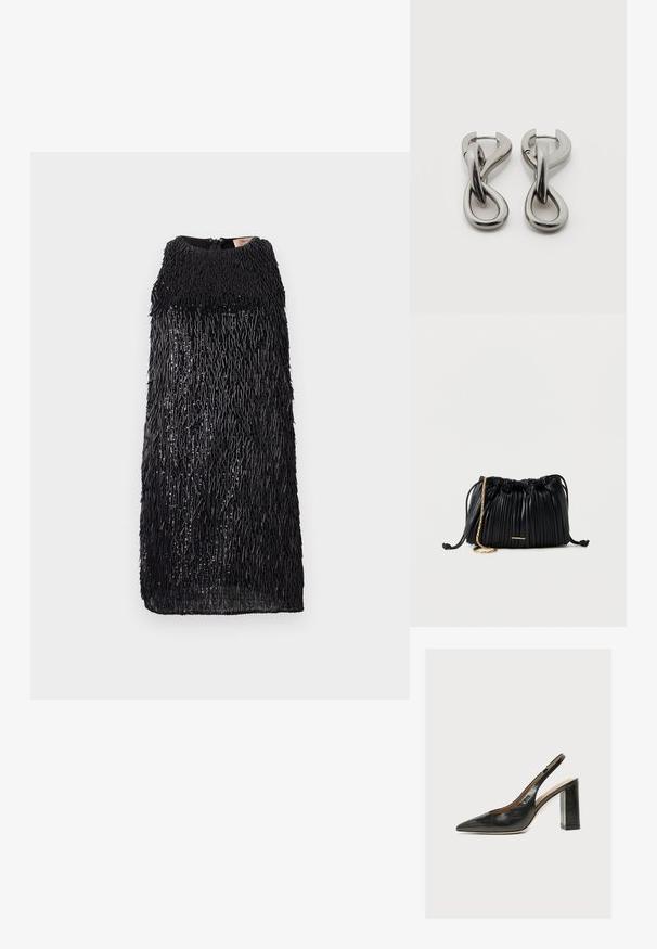 Robe sans manches noire avec un design à franges texturé. Présente un col montant et une fermeture éclair au dos. Doublure intérieure lisse.; Chaussure slingback femme en cuir noir avec bout pointu et talon bloc épais et haut sur fond blanc.; Sac à main en cuir noir plissé avec cordon de serrage, bandoulière chaîne dorée et petit accent horizontal doré sur le devant.; Paire de boucles d'oreilles en métal argenté avec un motif abstrait d'anneaux entrelacés sur fond blanc.