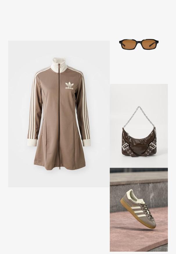Brun atletisk kjole med høj krave, fuld frontlynlås, hvide tre-stribe detaljer på ærmerne og et lille hvidt logo på brystet.; Lysebrun ruskinds Adidas-sneaker med hvide striber og gummisål, svævende over lyserøde stentrapper udendørs.; Sorte rektangulære solbriller med tykke stel og brune tonede linser, vist forfra på en hvid baggrund.; Mørkebrunt patentlæder håndtaske med sølv kæderekke, dekorerede dobbelte spænder og lynlås lukning.