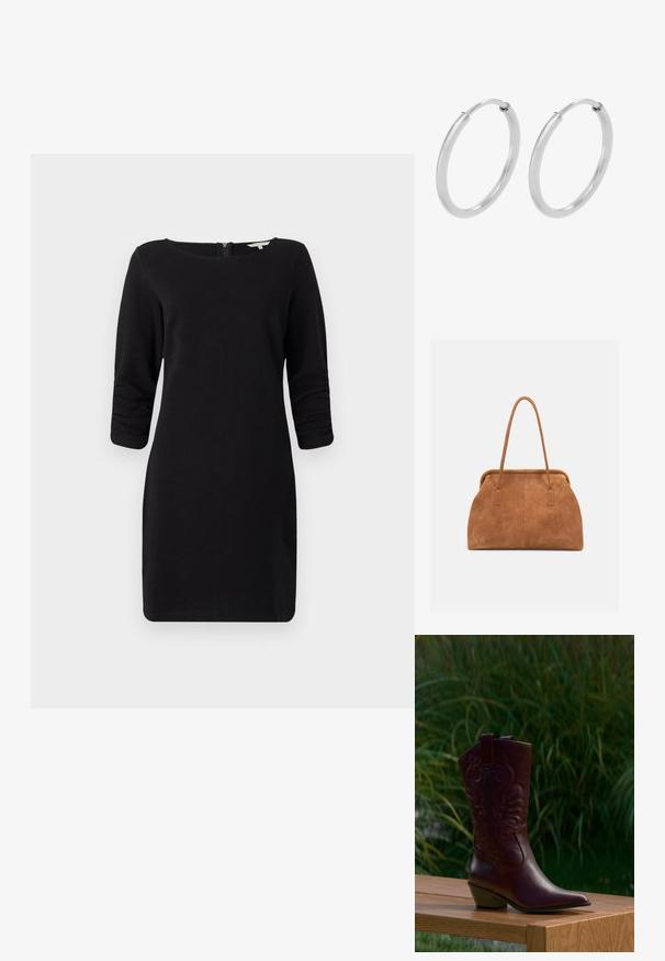 Vestido negro con mangas de tres cuartos, escote redondeado, material texturizado y cierre con cremallera en la parte posterior, que ofrece una silueta ajustada.; Bota de vaquero de cuero marrón oscuro con motivos bordados, tacón bajo inclinado y lengüetas para tirar, colocada sobre un banco de madera con fondo de plantas verdes.; Bolso de ante marrón con asas largas y un diseño suave y estructurado sobre un fondo claro y liso.; Pendientes de aro de plata, forma circular, textura lisa y brillante, y ancho constante en toda su extensión. Diseño minimalista sin acentos adicionales.