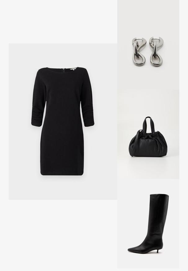 Sort kjole med trekvartærmer, scoop neckline, struktureret materiale og lynlås i ryggen, som tilbyder en tætsiddende silhuet.; Sort læder knæhøj støvle med spids snude og lav kittenhæl mod en ensfarvet lys baggrund.; Sort læderhåndtaske med en samlet topdesign, der har to korte håndtag og en lang justerbar rem. Glat overflade, rund form.; Par af sølvtonede metale øreringe med abstrakt sammenflettet løbedesign på hvid baggrund.