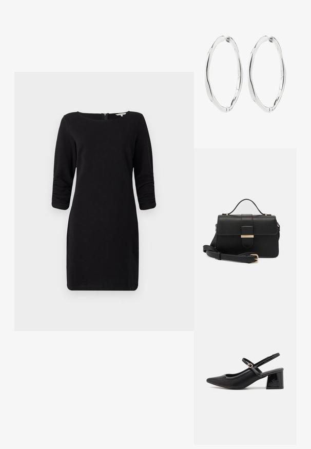 Sort kjole med trekvartærmer, scoop neckline, struktureret materiale og lynlås i ryggen, som tilbyder en tætsiddende silhuet.; Sorte patentlæder slingback hæle med spids tå, rund udskæring og blokhæl. Har en guldtonet spændeaccents.; Sort læderhåndtaske med gyldne metalaccenter, rektangulær form, flaplukning, justerbar skulderrem, glat tekstur, minimalistisk design.; Par polerede sølv snoede ovale hoopøreringe med hængslede låse, vist mod hvid baggrund.
