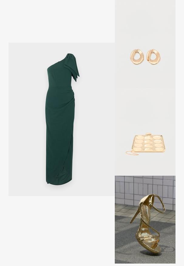 Mørkegrøn lang kjole med ét skulderbånd, stor sløjfedetalje på skulderen og en tætsiddende, rynket silhuet.; Guld højhælet sandal med blank, patent finish, krydsede remme, spids tå og stilethæl; tekstureret, præget overfladedetalje.; Guld clutchtaske med afrundet rektangulært præg mønster og en lille kæde som strop på ensfarvet baggrund.; Par af uregelmæssigt formede, polerede øreringe i guldfarvet metal med åben midte på en ens hvid baggrund.
