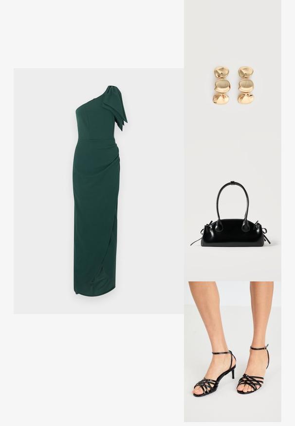 Robe longue vert foncé à une épaule avec un grand nœud décoratif sur l'épaule et une silhouette ajustée froncée.; Sandales à talons hauts noires avec texture brillante. Bride de cheville avec boucle. Design à bout ouvert avec des détails entrecroisés.; Petit sac à main noir brillant avec deux longues anses et des détails à cordon sur les côtés sur un fond clair uni.; Boucles d’oreilles pendantes ton or avec trois segments irréguliers, lisses et arrondis empilés verticalement sur un fond clair uni.