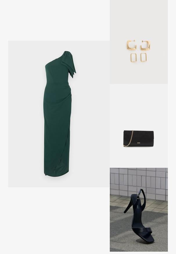 Robe longue vert foncé à une épaule avec un grand nœud décoratif sur l'épaule et une silhouette ajustée froncée.; Sandale noire à talon haut avec bride à la cheville et bout carré, posée sur le pavé devant un mur carrelé.; Porte-monnaie noir en daim avec une finition texturée, doté d'une chaîne dorée et d'un design épuré et angulaire.; Deux paires de Boucles d'oreilles créoles géométriques dorées sur une surface blanche unie, une paire carrée et pleine, une paire rectangulaire et creuse.