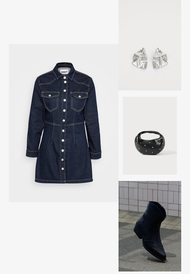 Vestido de camisa de denim oscuro con mangas largas, cuello puntiagudo, dos bolsillos en el pecho y botones a presión plateados en el frente. Presenta costuras visibles.; Botín de cuero negro con tacón bajo, costuras decorativas y punta afilada, colocado de pie sobre una superficie pavimentada junto a una pared con azulejos.; Bolso de mano de cuero negro con forma redondeada, decorado con detalles de tachuelas plateadas y un asa corta. Textura lisa y cierre con cremallera.; Pendientes de metal plateado con un diseño ondulado y escultórico, que presentan un acabado pulido y formas irregulares, destacando una estética contemporánea.